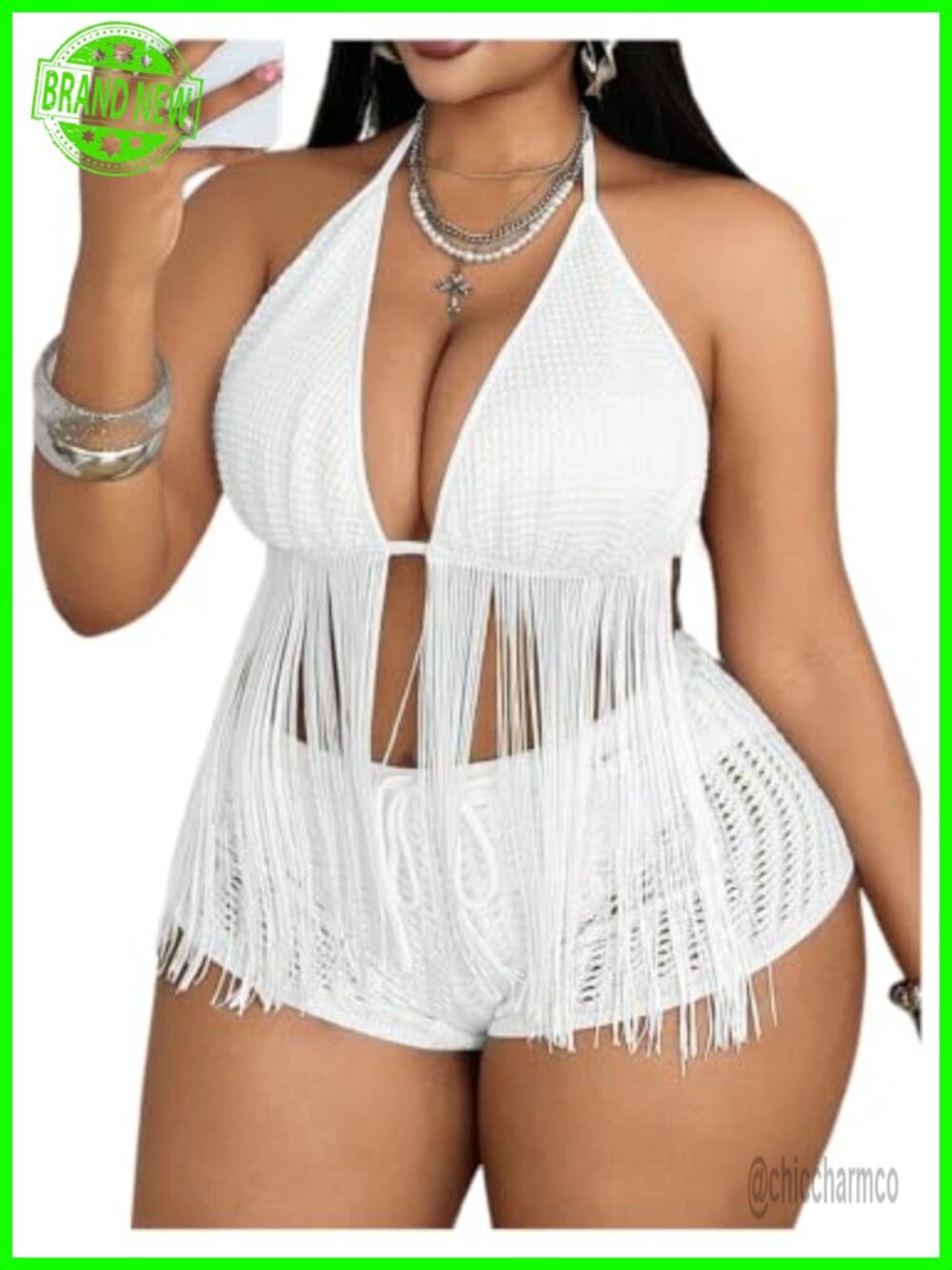 Plus Size Fringe Halter Crop Top Sleeveless Open Back Clubwear Rave